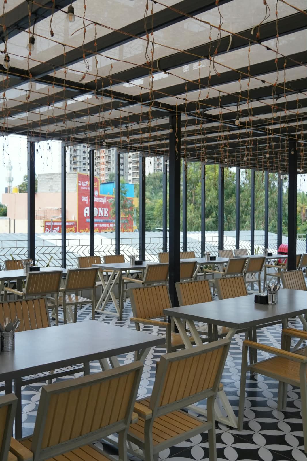 Shaded Pergola Rooftop Patio Tables